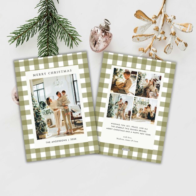 Classic Olive Gingham Plaid 5 Photo Christmas Holiday Card (Creator Uploaded)