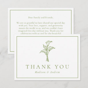 Classic Olive Green Calla Lily Wedding Thank You Card