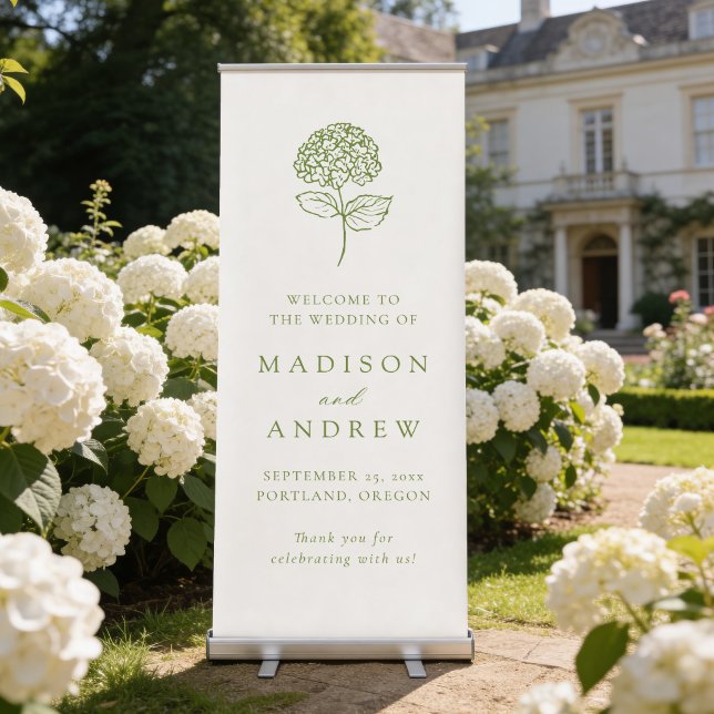 Classic Olive Green Hydrangea Wedding Welcome Retractable Banner (Creator Uploaded)
