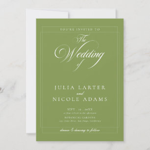 Classic Olive Green Ivory Calligraphy PhotoWedding Invitation