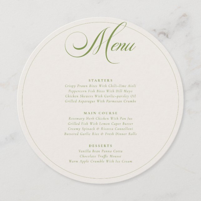 Classic Olive Green Ivory Calligraphy Wedding Menu (Front)