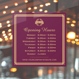 Classic Opening Hours Business Logo Plum Gold Window Cling