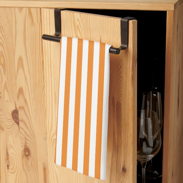 Classic Orange and White Vertical Stripes Tea Towel (Thirds Fold)
