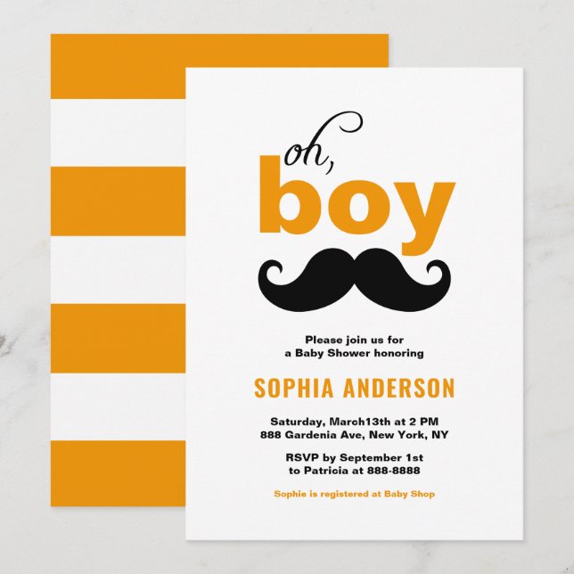 Classic Orange It's a Boy Moustache Baby Shower Invitation (Front/Back)