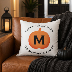 Classic Orange Pumpkin Family Monogram Halloween Cushion
