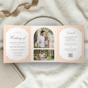 Classic Orange Striped Photo QR Code Wedding Tri-Fold Invitation