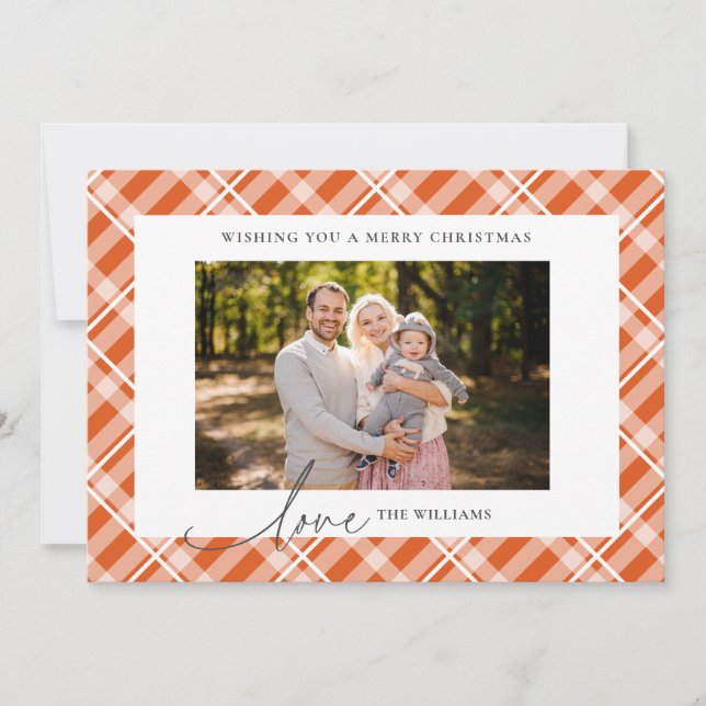 Classic Orange Tartan Plaid Custom Photo Christmas Holiday Card (Front)