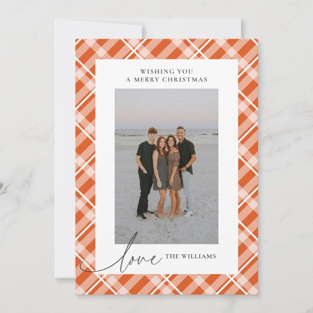 Classic Orange Tartan Plaid Love Christmas Photo Holiday Card (Front)