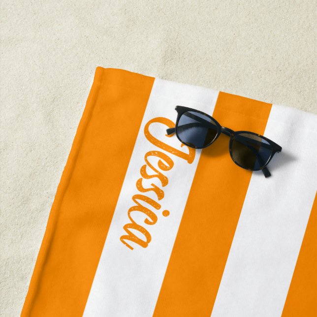 Classic Orange White Cabana Strip Personalised Beach Towel (In Situ)