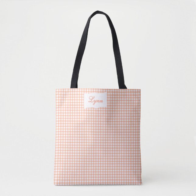 Classic Orange & White Gingham | Personalized Name Tote Bag (Front)