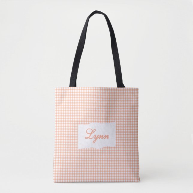 Classic Orange & White Gingham | Personalized Name Tote Bag (Front)