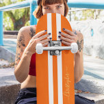 Classic Orange White Gold Monogram Racing Stripes Skateboard<br><div class="desc">Create your own custom, personalised, classic orange and white racing stripes, cool, stylish, classy elegant faux gold typography script, best quality hard-rock maple competition shaped skateboard deck. To customise, simply type in your name / monogram / initials. While you add / design, you'll be able to see a preview of...</div>