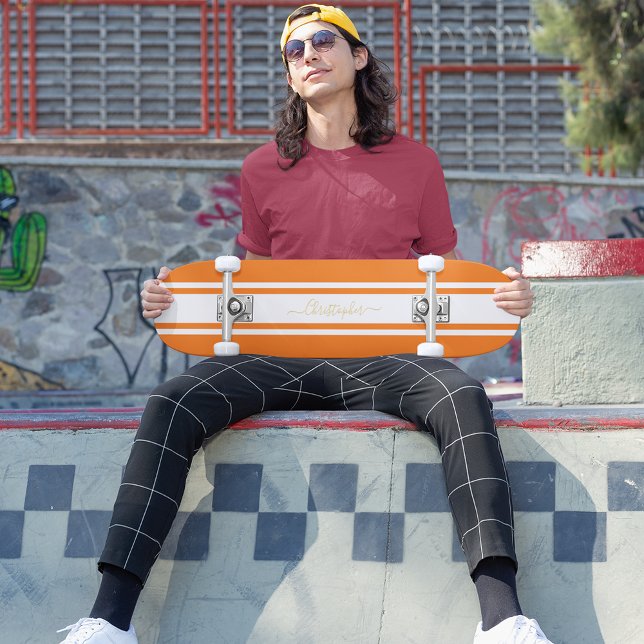 Classic Orange White Racing Stripes Gold Monogram Skateboard (Classic Orange White Racing Stripes Gold Monogram Skateboard)