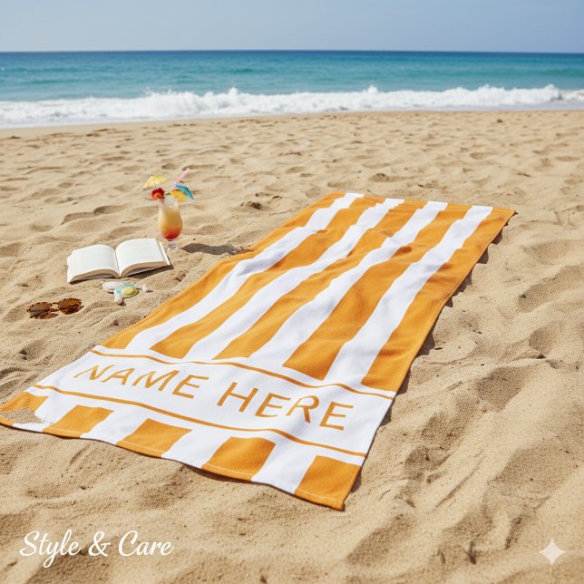 Classic Orange White Striped Beach Towel with Name (Classic Orange White Striped Beach Towel with Name)