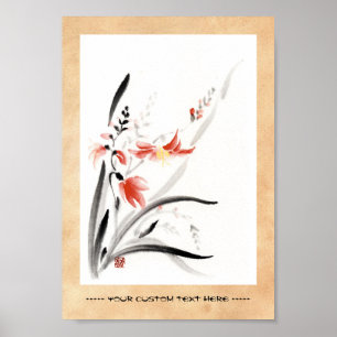 Classic oriental chinese sumi-e ink flowers paint poster