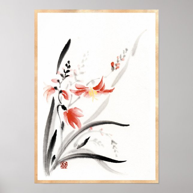 Classic oriental chinese sumi-e ink flowers paint poster (Front)