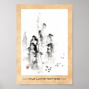 Classic oriental chinese sumi-e ink mountain scene poster