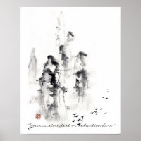 Classic oriental chinese sumi-e ink mountain scene