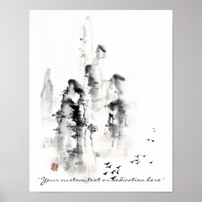 Classic oriental chinese sumi-e ink mountain scene poster (Front)