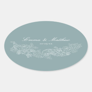 Classic Ornament Dusty Blue Wedding Logo Oval Sticker