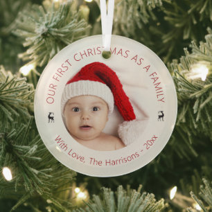 Classic Our First Christmas As A Family Photo Glass Tree Decoration