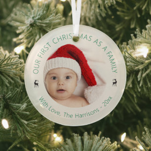 Classic Our First Christmas As A Family Photo Glass Tree Decoration