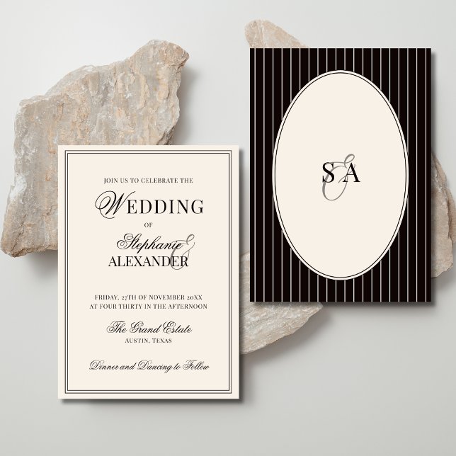 Classic Oval Black Ivory Striped Old Money Wedding Invitation (Creator Uploaded)