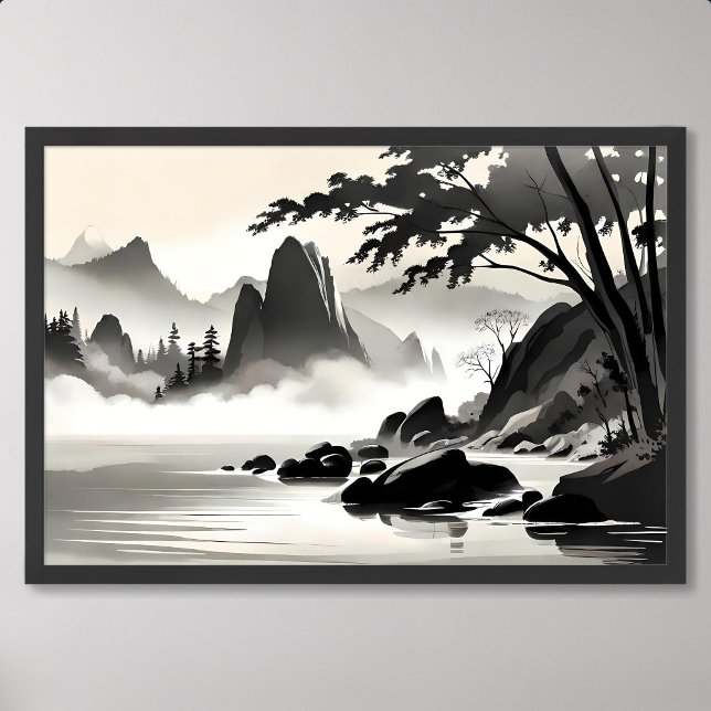 classic painting landscape rocky river black white poster (classic painting landscape rocky river black white)