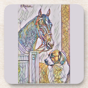 classic painting of horse and dog in stain glass coaster