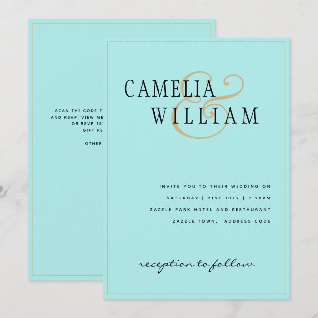 Classic Pale Turquoise Seaglass Gold Wedding Invitation (Front/Back)