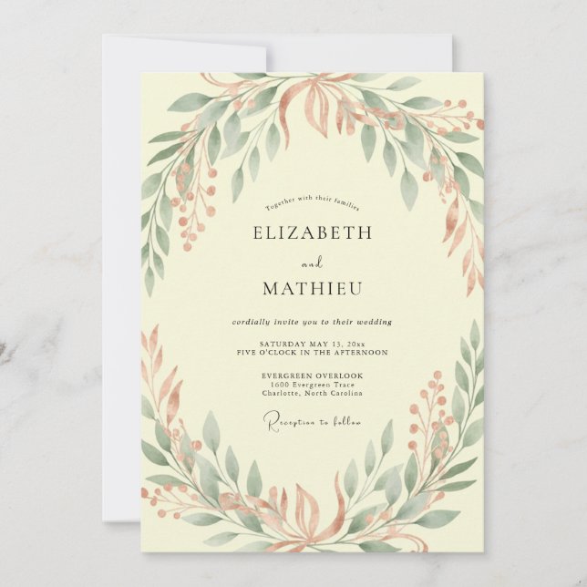 Classic Pale Yellow Leafy Wedding Invitation (Front)
