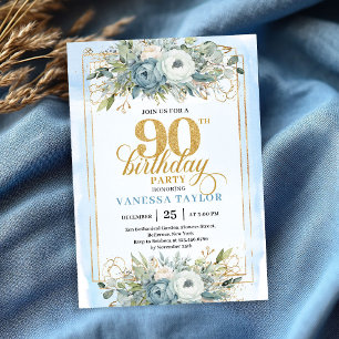 Classic pastel blue gold script 90th birthday invitation