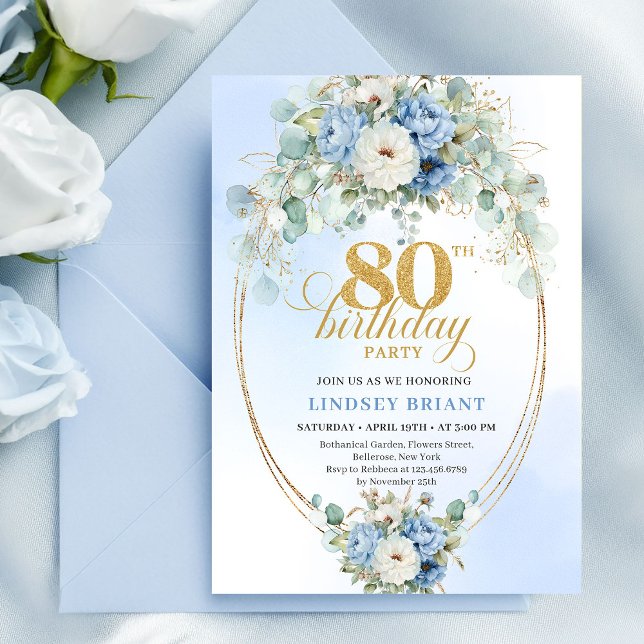Classic Pastel Blue Peony Greenery 80th Birthday Invitation (Classic Pastel Blue Peony Greenery 80th Birthday)