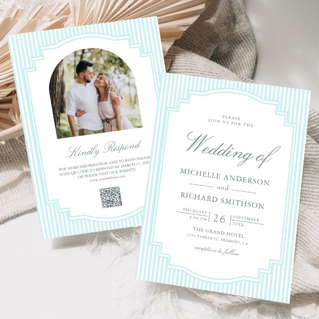 Classic Pastel Blue Striped Photo QR Code Wedding Invitation (Creator Uploaded)