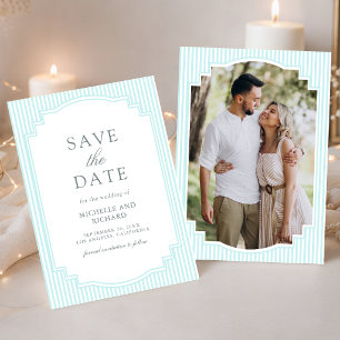 Classic Pastel Blue Striped Photo Wedding Save The Date