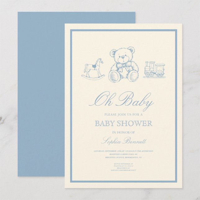 Classic Pastel Blue Teddy Bear Baby Shower Invitation (Creator Uploaded)
