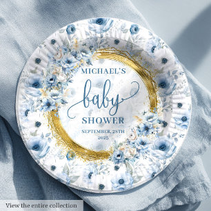 Classic pastel blue watercolor flowers gold party paper plate