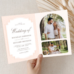 Classic Pastel Peach Striped Photo QR Code Wedding Invitation