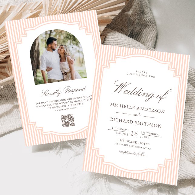 Classic Pastel Peach Striped Photo QR Code Wedding Invitation (Creator Uploaded)