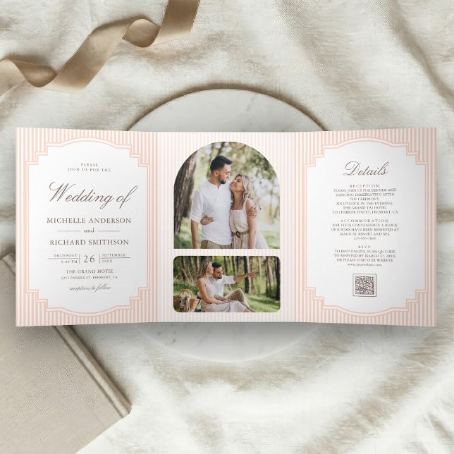 Classic Pastel Peach Striped Photo QR Code Wedding Tri-Fold Invitation (Creator Uploaded)