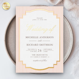 Classic Pastel Peach Striped Photo Wedding Gold