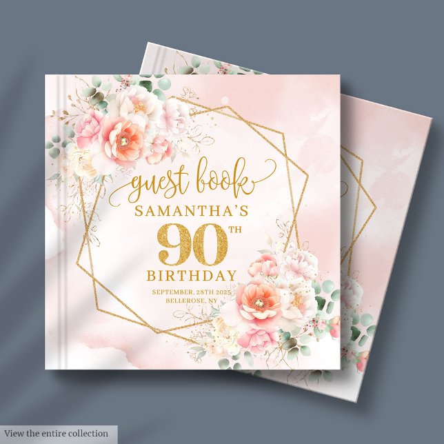 Classic Pastel Pink Gold Flowers 90th Birthday Guest Book (Classic Pastel Pink Gold Flowers 90th Birthday Guest Book)