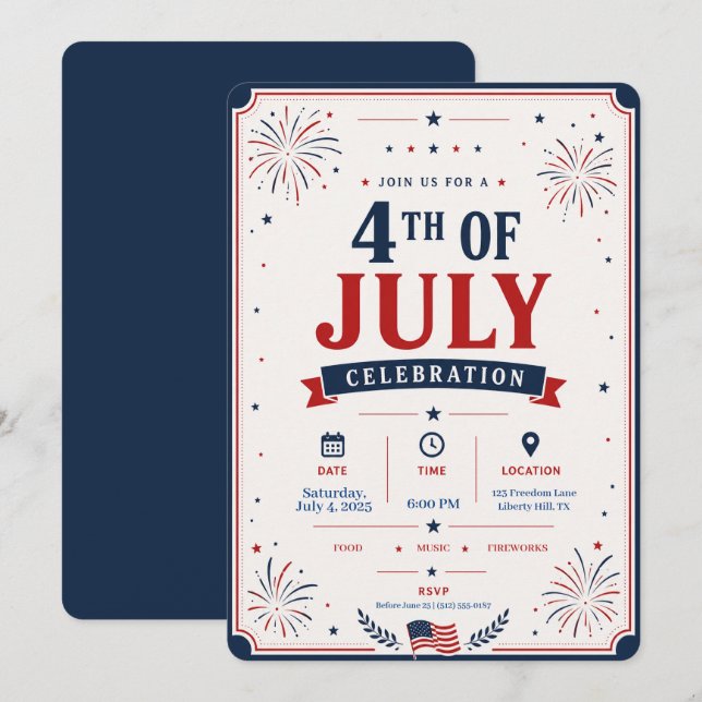 Classic Patriotic 4th of July Celebration Firework Invitation (Front/Back)