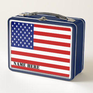Classic Patriotic American Flag Monogram Metal Lunch Box