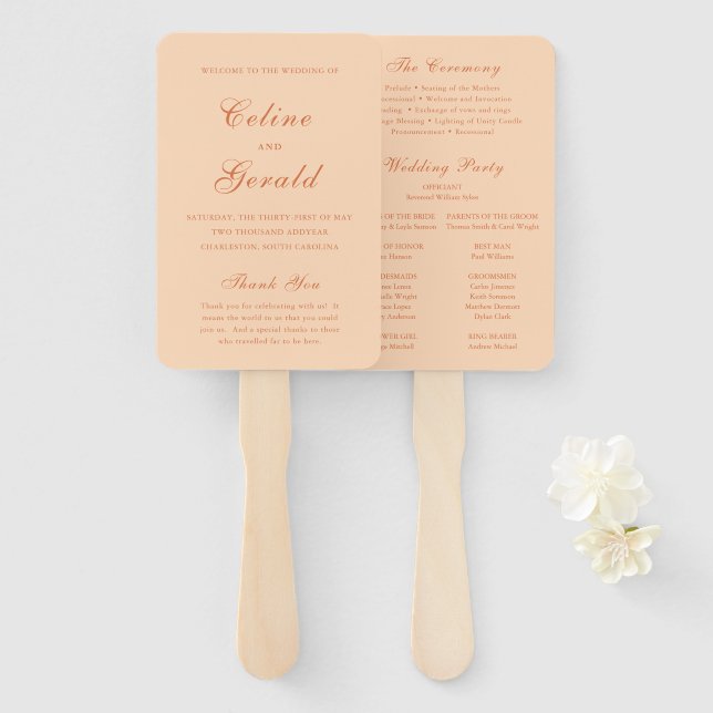 Classic Peach Elegant Wedding Program Hand Fan (Front and Back)