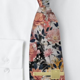 Classic Peach Pink Black Floral Tie