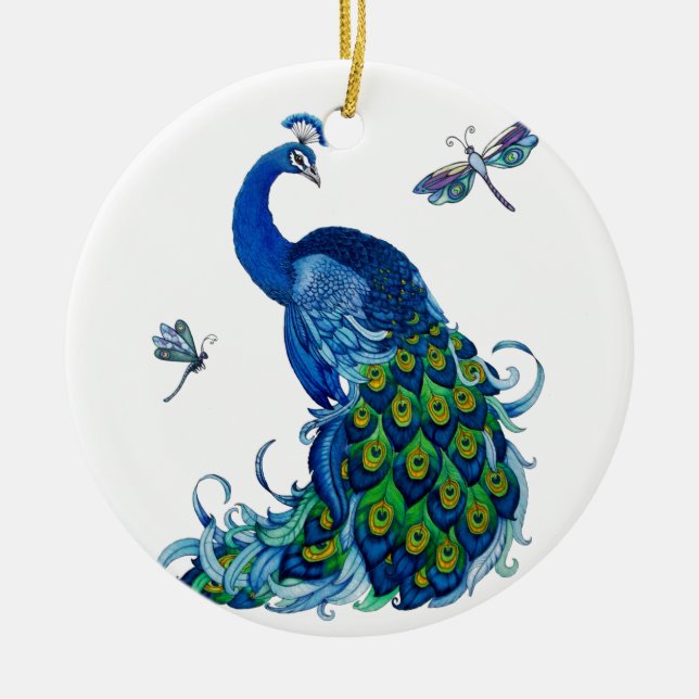 Classic Peacock and Dragonfly Design Ceramic Tree Decoration (Front)