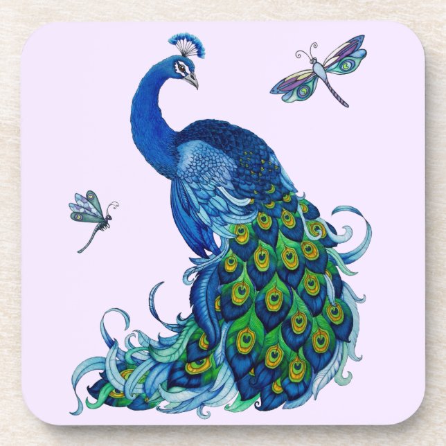 Classic Peacock and Dragonfly Design Coaster (Front)