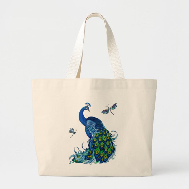 Classic Peacock and Dragonfly Design Large Tote Bag (Front)