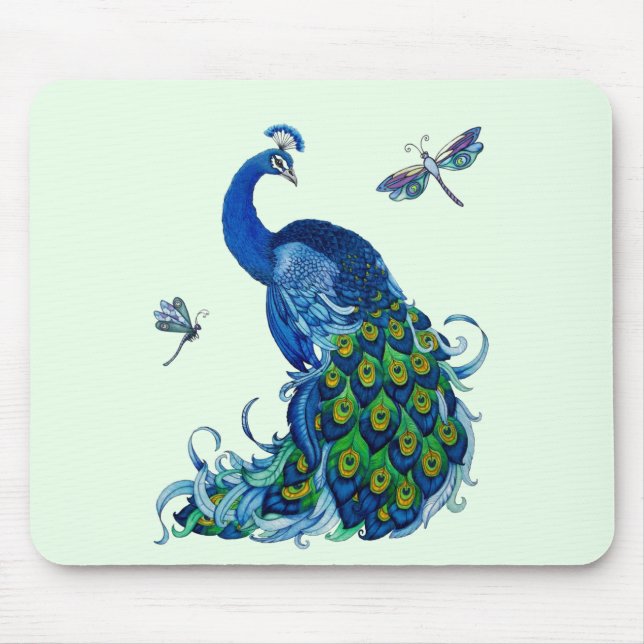 Classic Peacock and Dragonfly Design Mouse Mat (Front)